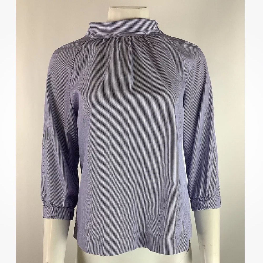 J Crew Thomas Mason Sz 2 Mock Neck Bow Back Top Blue 100% Cotton Striped
